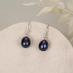 Sterling Silver Black Pearl Earrings, Natural Freshwater Pearl Drop Hook Earrings in Sterling Silver, Oval Pearl Earrings