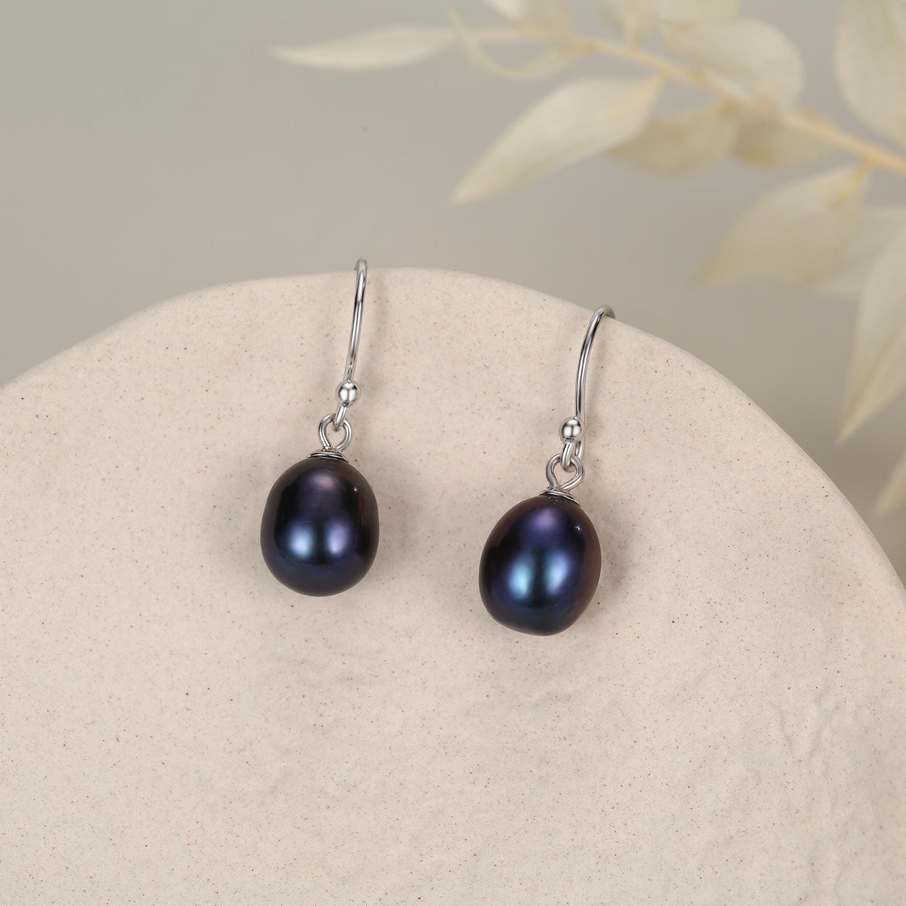 Sterling Silver Black Pearl Earrings, Natural Freshwater Pearl Drop Hook Earrings in Sterling Silver, Oval Pearl Earrings