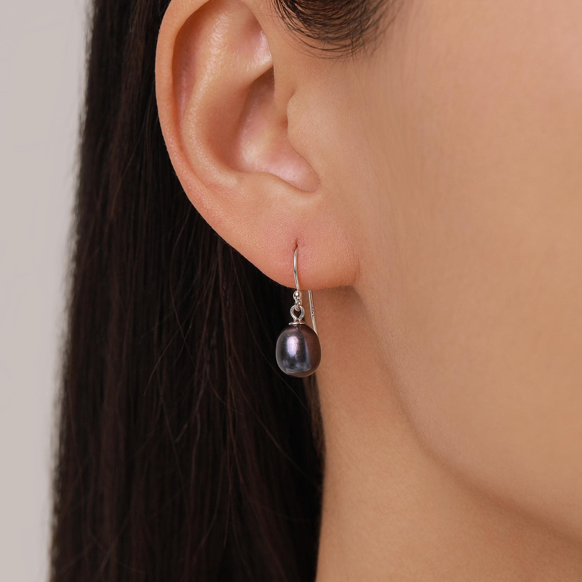 Sterling Silver Black Pearl Earrings, Natural Freshwater Pearl Drop Hook Earrings in Sterling Silver, Oval Pearl Earrings