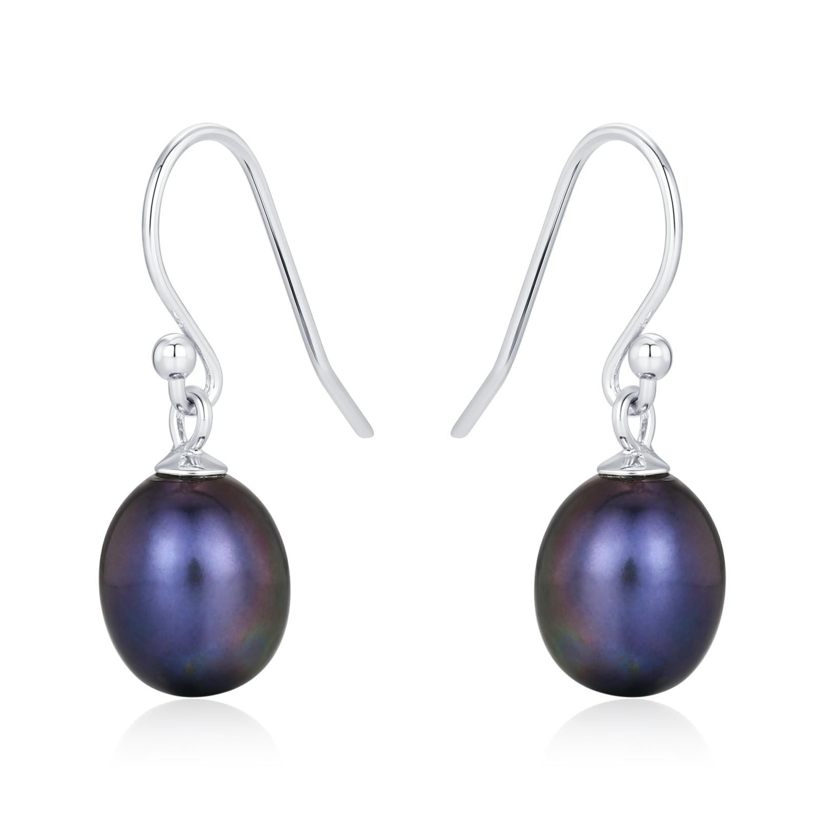 Sterling Silver Black Pearl Earrings, Natural Freshwater Pearl Drop Hook Earrings in Sterling Silver, Oval Pearl Earrings