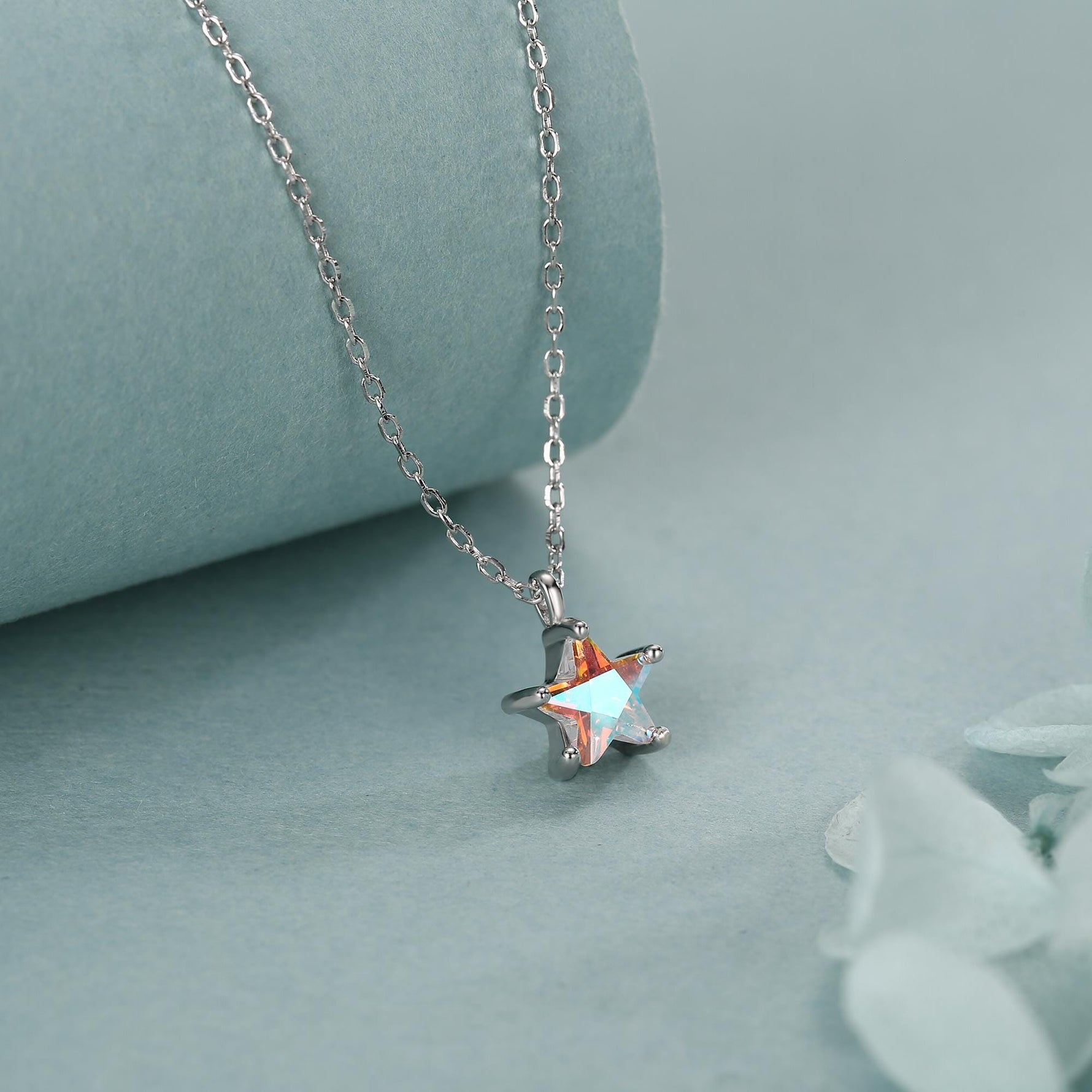 Sterling Silver Aurora AB CZ Star Pendant Necklace, Silver or Gold, Star Shape CZ Necklace, Colour Changing Star Necklace