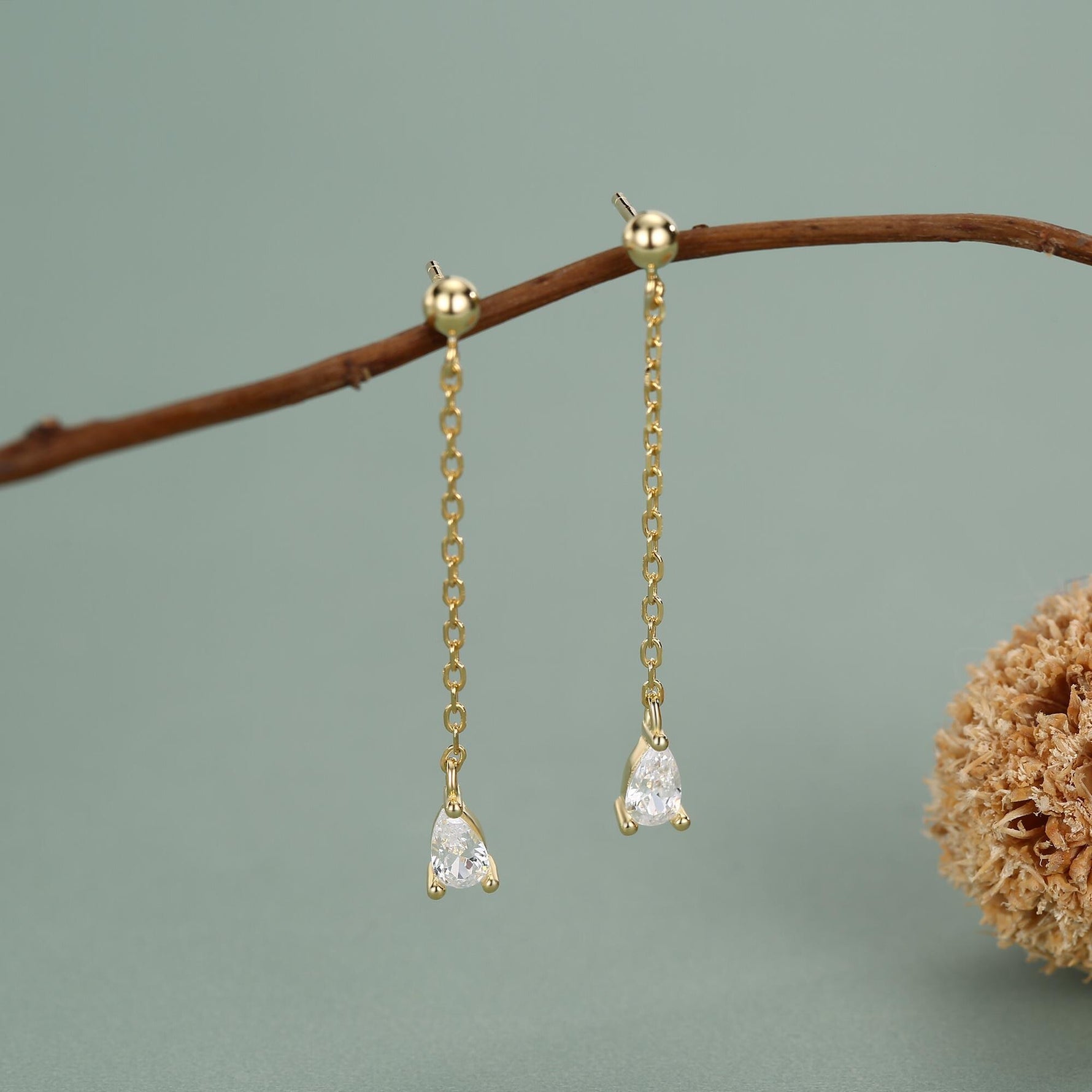 Droplet CZ with Chain Dangle Stud Earrings in Sterling Silver, Silver or Gold, Clear CZ Pear Drop Earrings