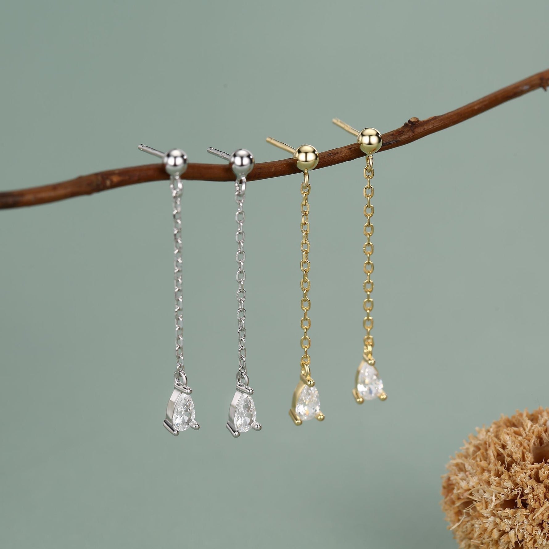 Droplet CZ with Chain Dangle Stud Earrings in Sterling Silver, Silver or Gold, Clear CZ Pear Drop Earrings