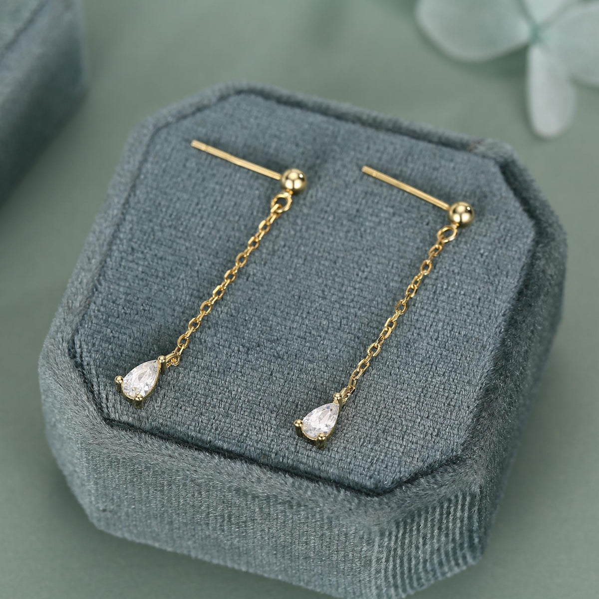 Droplet CZ with Chain Dangle Stud Earrings in Sterling Silver, Silver or Gold, Clear CZ Pear Drop Earrings