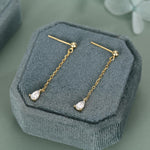 Droplet CZ with Chain Dangle Stud Earrings in Sterling Silver, Silver or Gold, Clear CZ Pear Drop Earrings