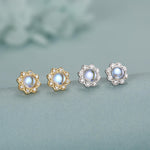 Vintage Inspired Moonstone Flower CZ Stud Earrings, Lab Moonstone Halo CZ Earrings, Simulated Moonstone Earrings