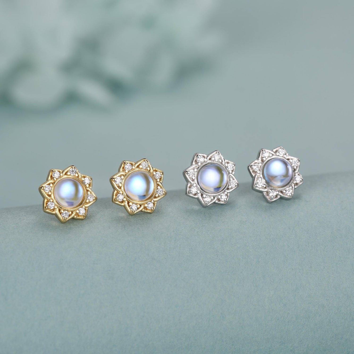 Vintage Inspired Moonstone Flower CZ Stud Earrings, Lab Moonstone Halo CZ Earrings, Simulated Moonstone Earrings