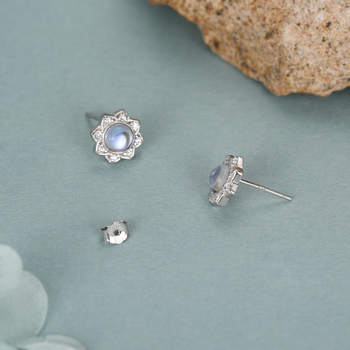 Vintage Inspired Moonstone Flower CZ Stud Earrings, Lab Moonstone Halo CZ Earrings, Simulated Moonstone Earrings