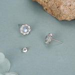 Vintage Inspired Moonstone Flower CZ Stud Earrings, Lab Moonstone Halo CZ Earrings, Simulated Moonstone Earrings