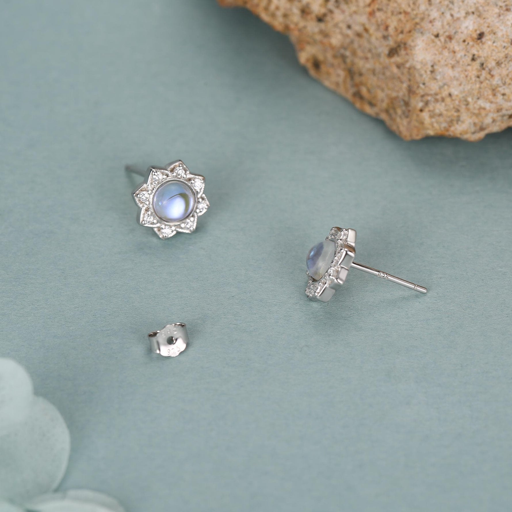 Vintage Inspired Moonstone Flower CZ Stud Earrings, Lab Moonstone Halo CZ Earrings, Simulated Moonstone Earrings