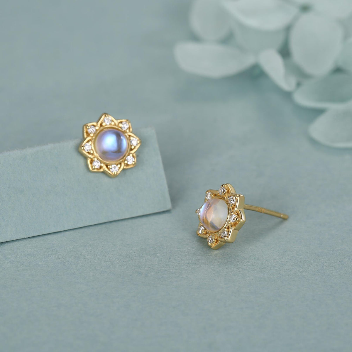 Vintage Inspired Moonstone Flower CZ Stud Earrings, Lab Moonstone Halo CZ Earrings, Simulated Moonstone Earrings