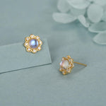 Vintage Inspired Moonstone Flower CZ Stud Earrings, Lab Moonstone Halo CZ Earrings, Simulated Moonstone Earrings