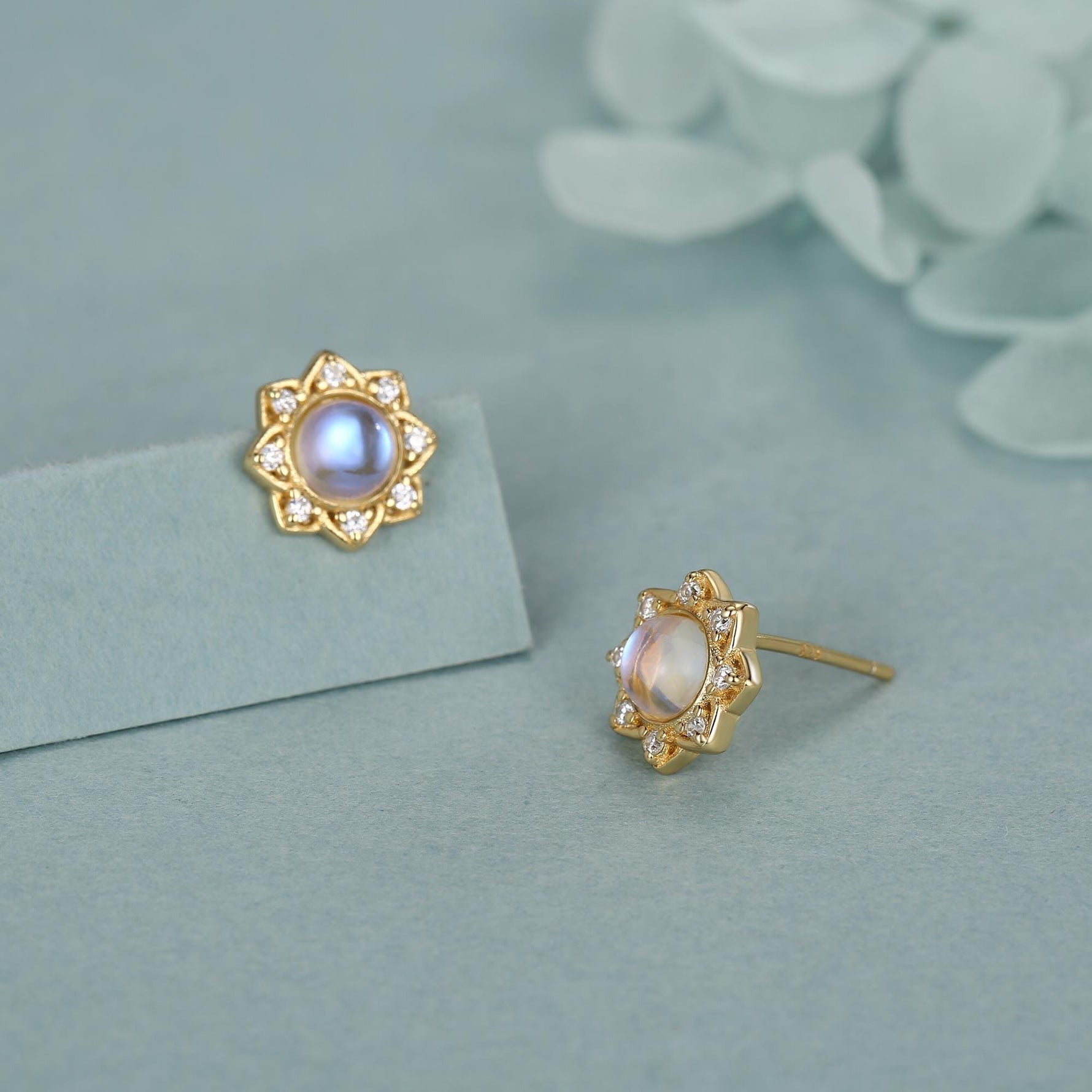 Vintage Inspired Moonstone Flower CZ Stud Earrings, Lab Moonstone Halo CZ Earrings, Simulated Moonstone Earrings