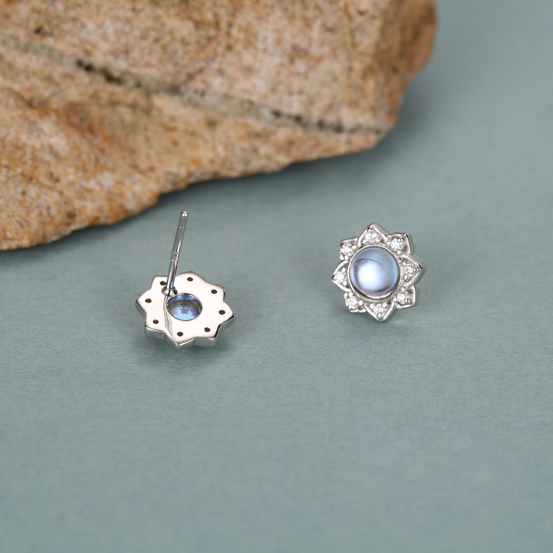 Vintage Inspired Moonstone Flower CZ Stud Earrings, Lab Moonstone Halo CZ Earrings, Simulated Moonstone Earrings