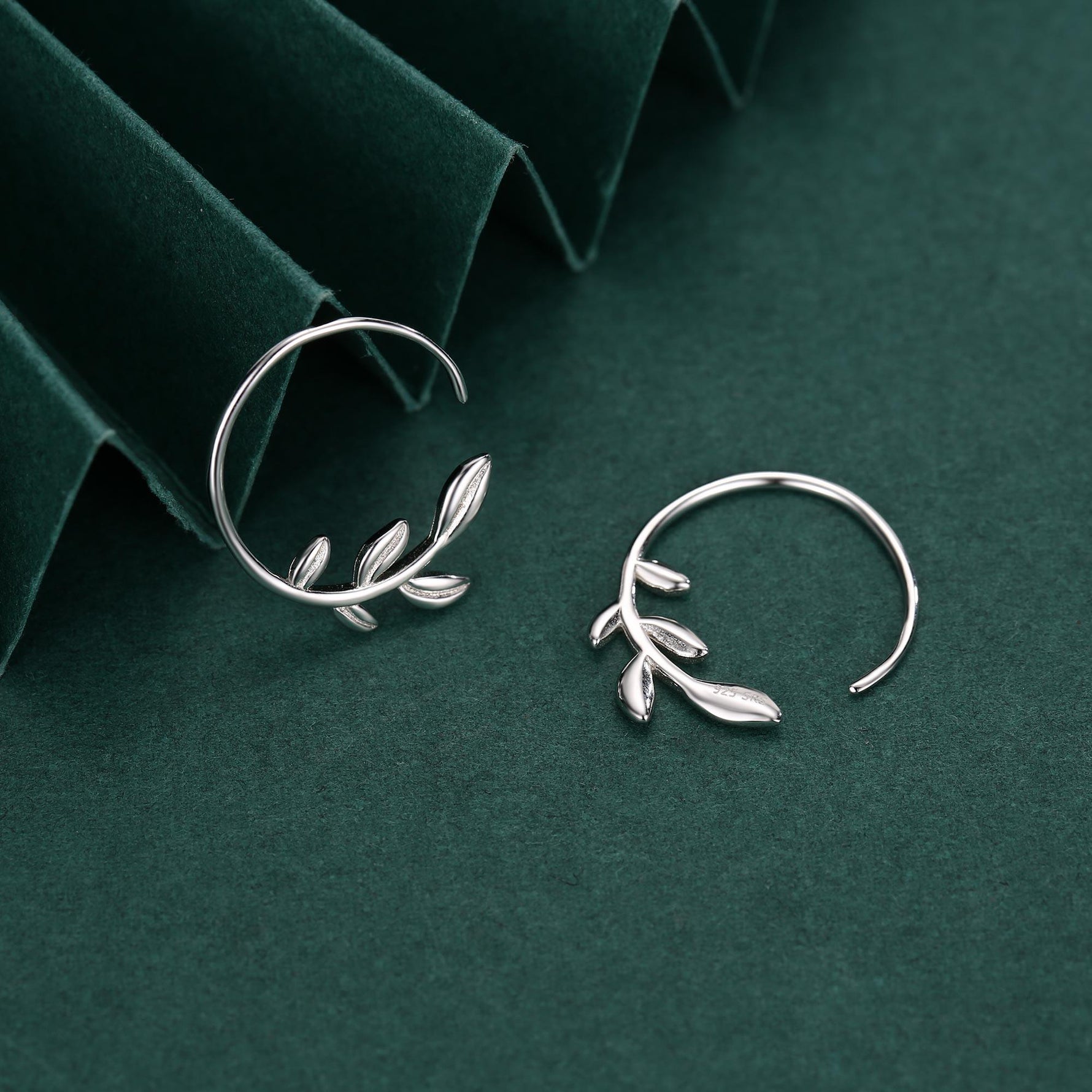 Sterling Silver Dainty Leaf Open Hoops, Delicate Olive Leaf Threader Hoops, Olive Branch Thread Through Hoops, Large Leaf Hoops