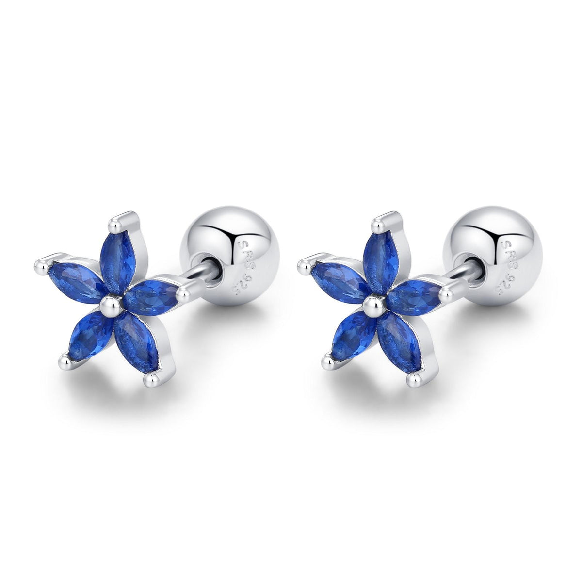 Sterling Silver Blue Forget-me-not CZ Flower Barbell Earrings, Gold or Silver, Marquise CZ Screw Back Earrings, Stacking Earrings