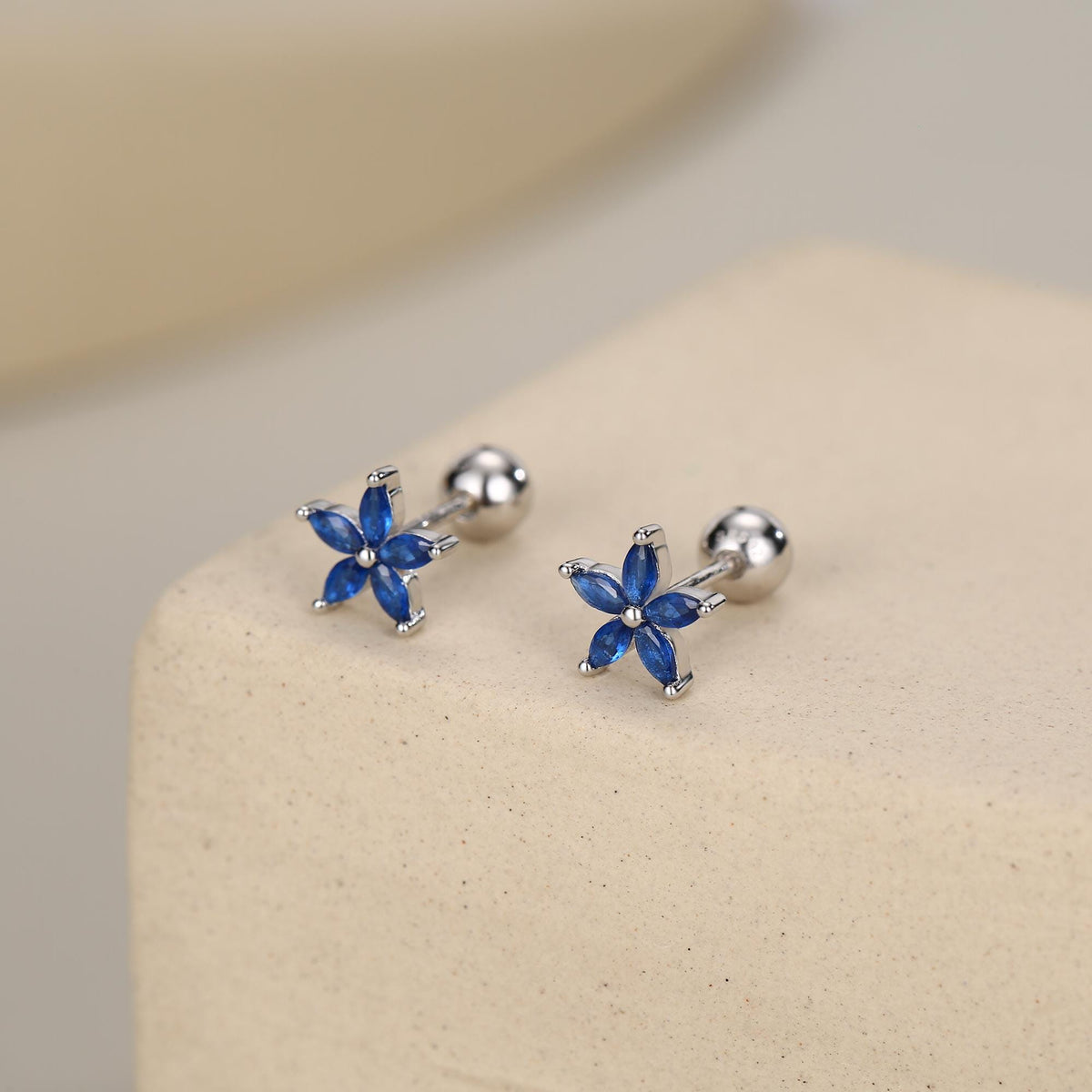 Sterling Silver Blue Forget-me-not CZ Flower Barbell Earrings, Gold or Silver, Marquise CZ Screw Back Earrings, Stacking Earrings