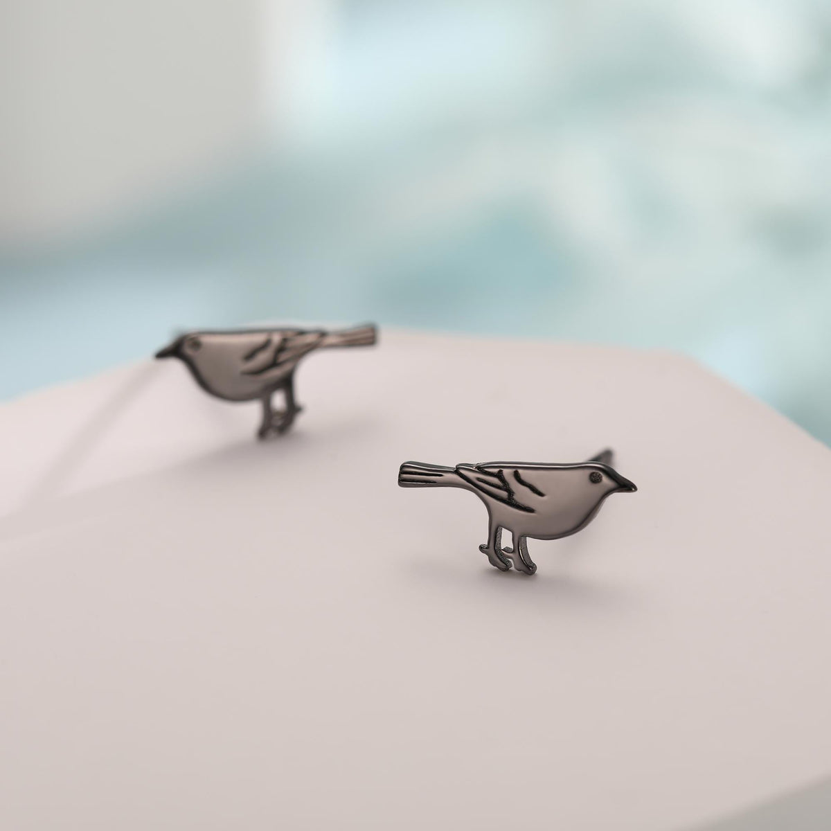 British Black Bird Stud Earrings in Sterling Silver - Black Rhodium Coated Sterling Silver, Animal Stud Earrings - Bird Earrings