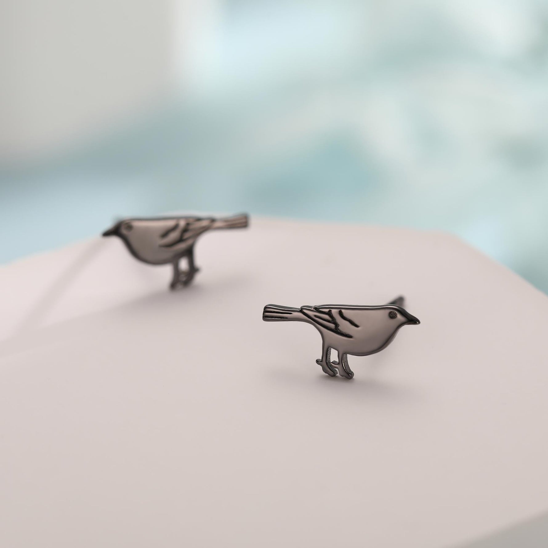 British Black Bird Stud Earrings in Sterling Silver - Black Rhodium Coated Sterling Silver, Animal Stud Earrings - Bird Earrings