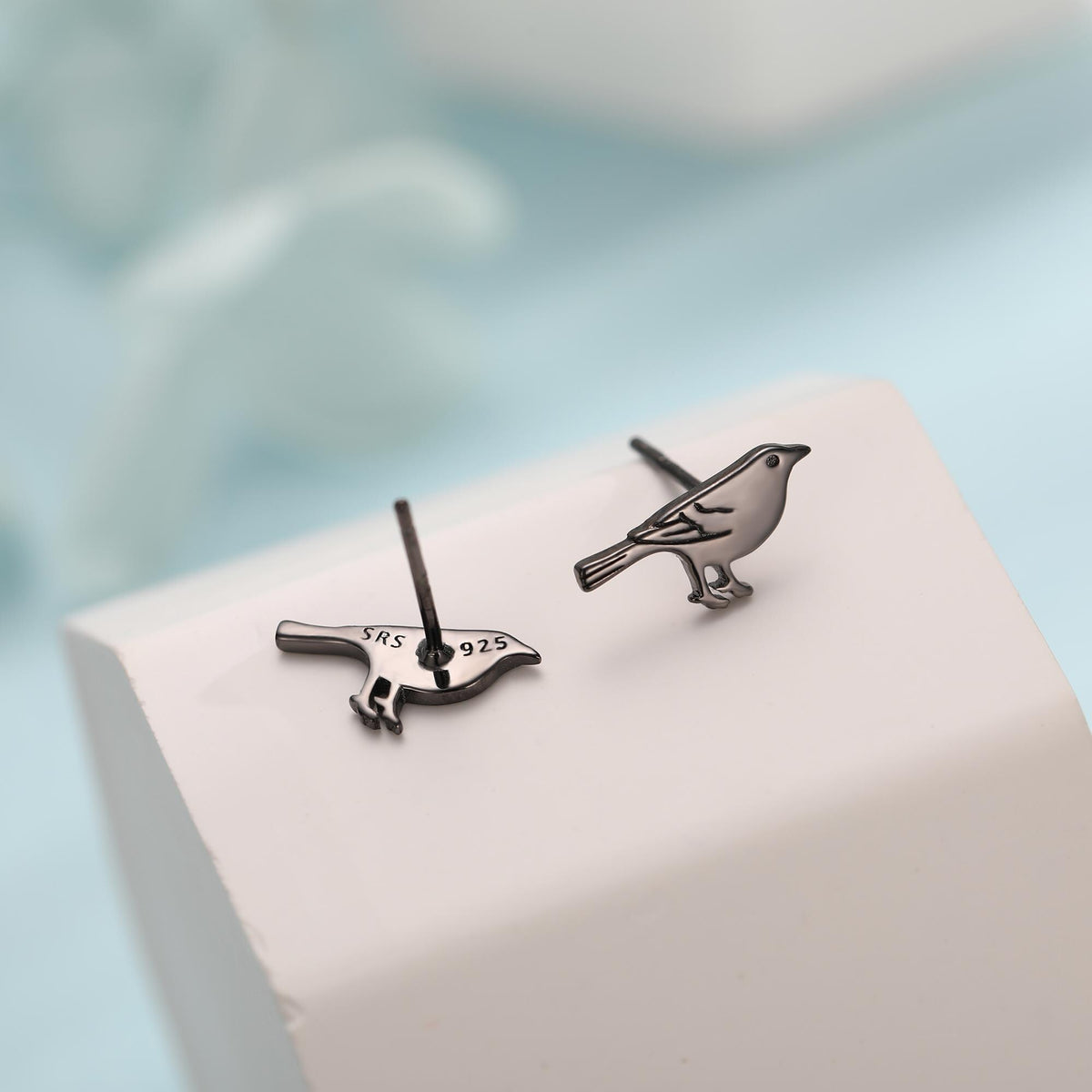 British Black Bird Stud Earrings in Sterling Silver - Black Rhodium Coated Sterling Silver, Animal Stud Earrings - Bird Earrings