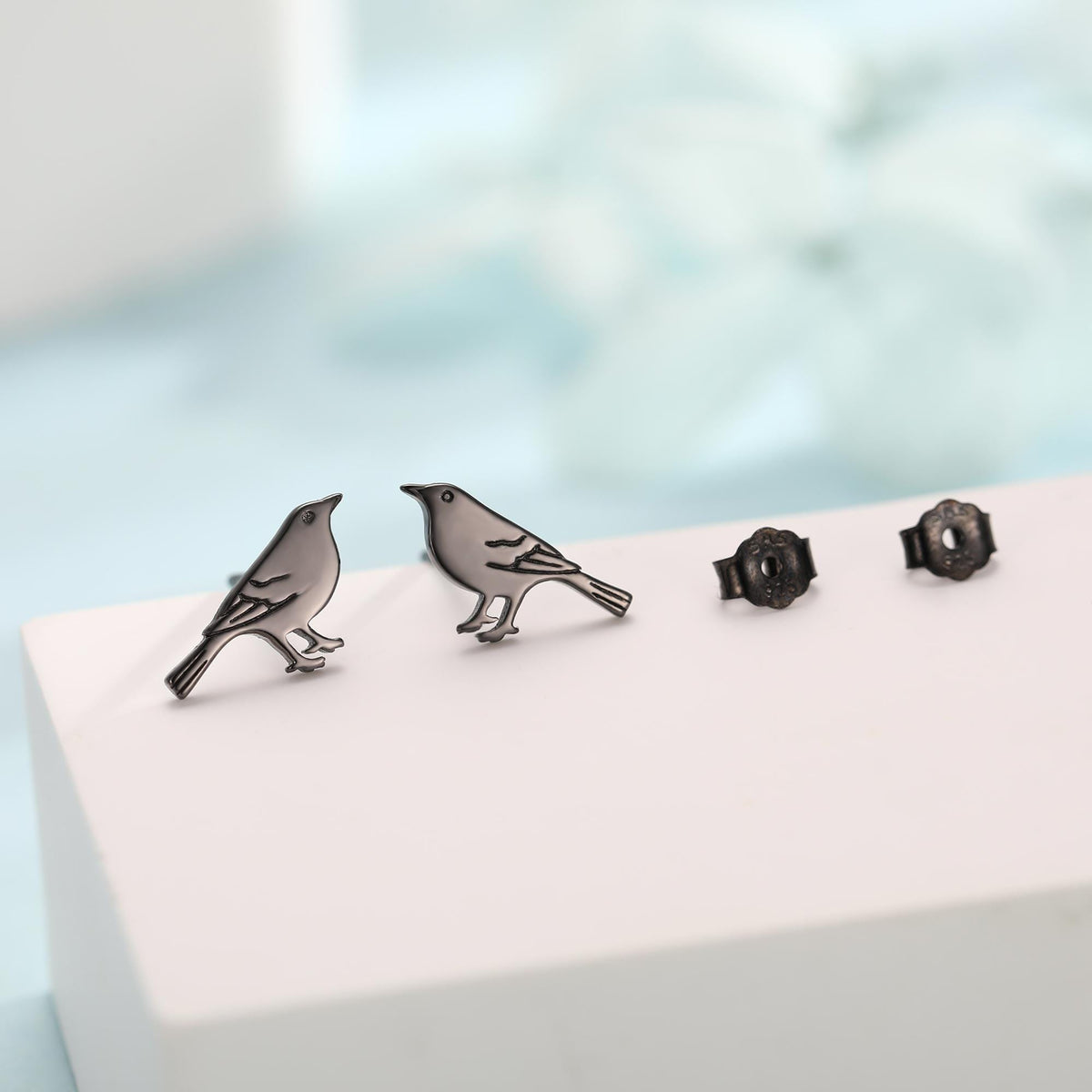 British Black Bird Stud Earrings in Sterling Silver - Black Rhodium Coated Sterling Silver, Animal Stud Earrings - Bird Earrings