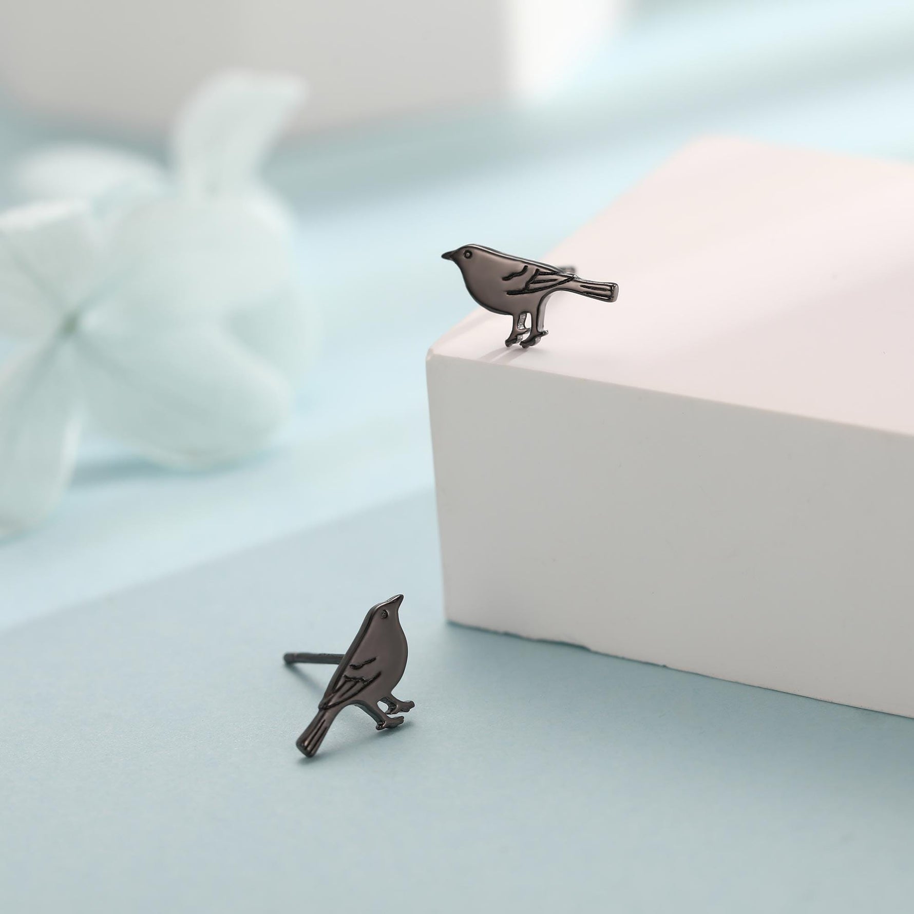 British Black Bird Stud Earrings in Sterling Silver - Black Rhodium Coated Sterling Silver, Animal Stud Earrings - Bird Earrings