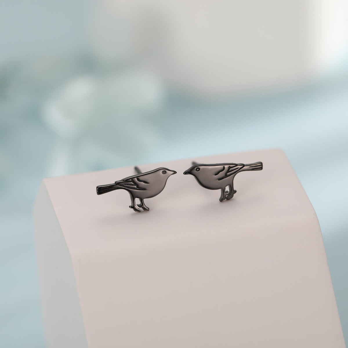 British Black Bird Stud Earrings in Sterling Silver - Black Rhodium Coated Sterling Silver, Animal Stud Earrings - Bird Earrings