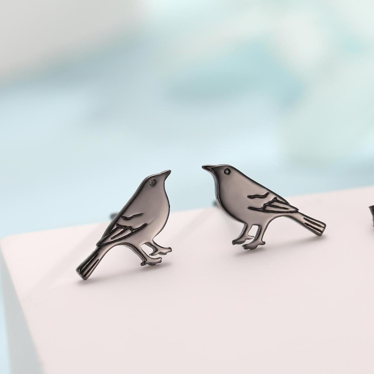 British Black Bird Stud Earrings in Sterling Silver - Black Rhodium Coated Sterling Silver, Animal Stud Earrings - Bird Earrings