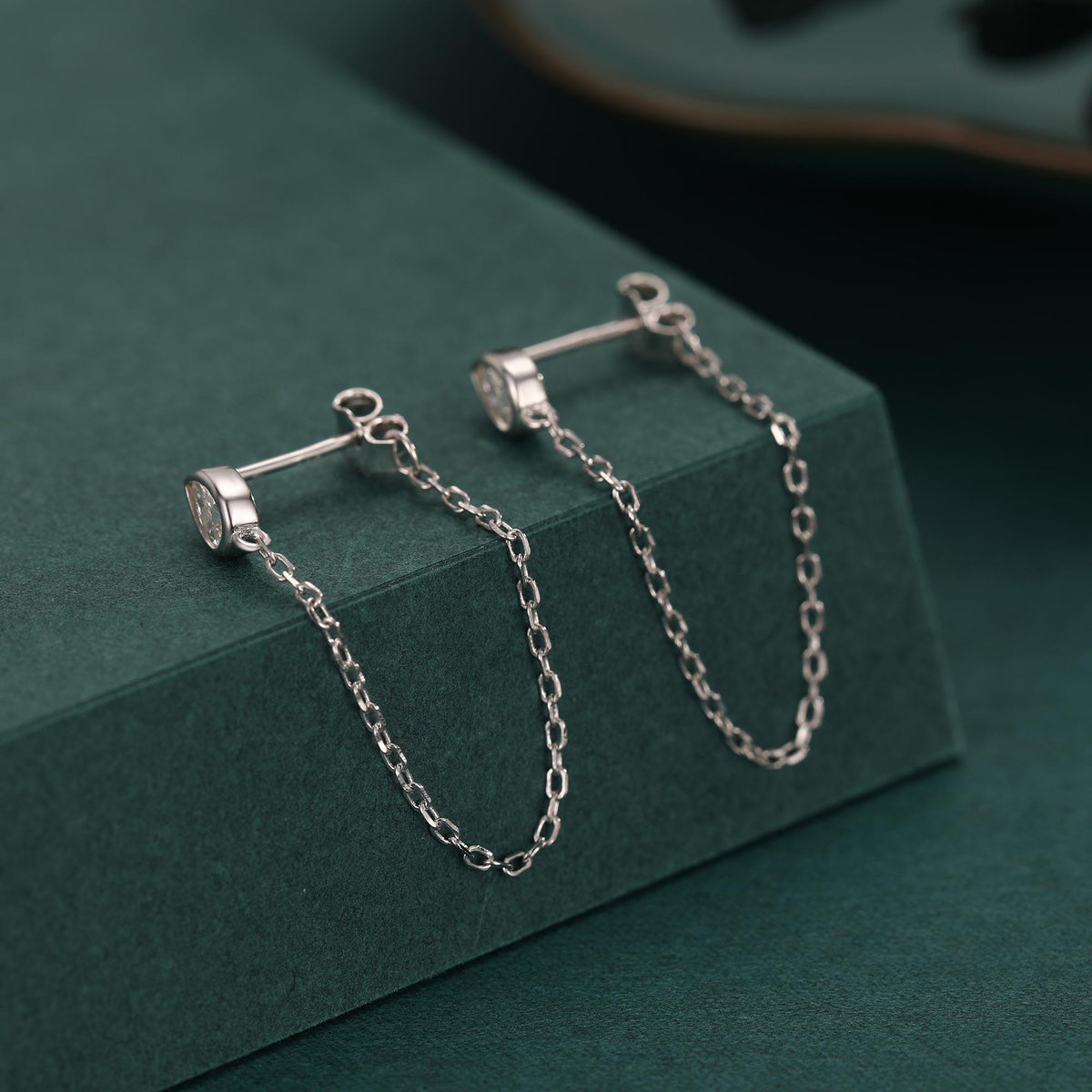Tiny Droplet CZ Dangle Chain Stud Earrings in Sterling Silver, Silver or Gold, Pear Shape Ear Jacket, Front and Back Earrings