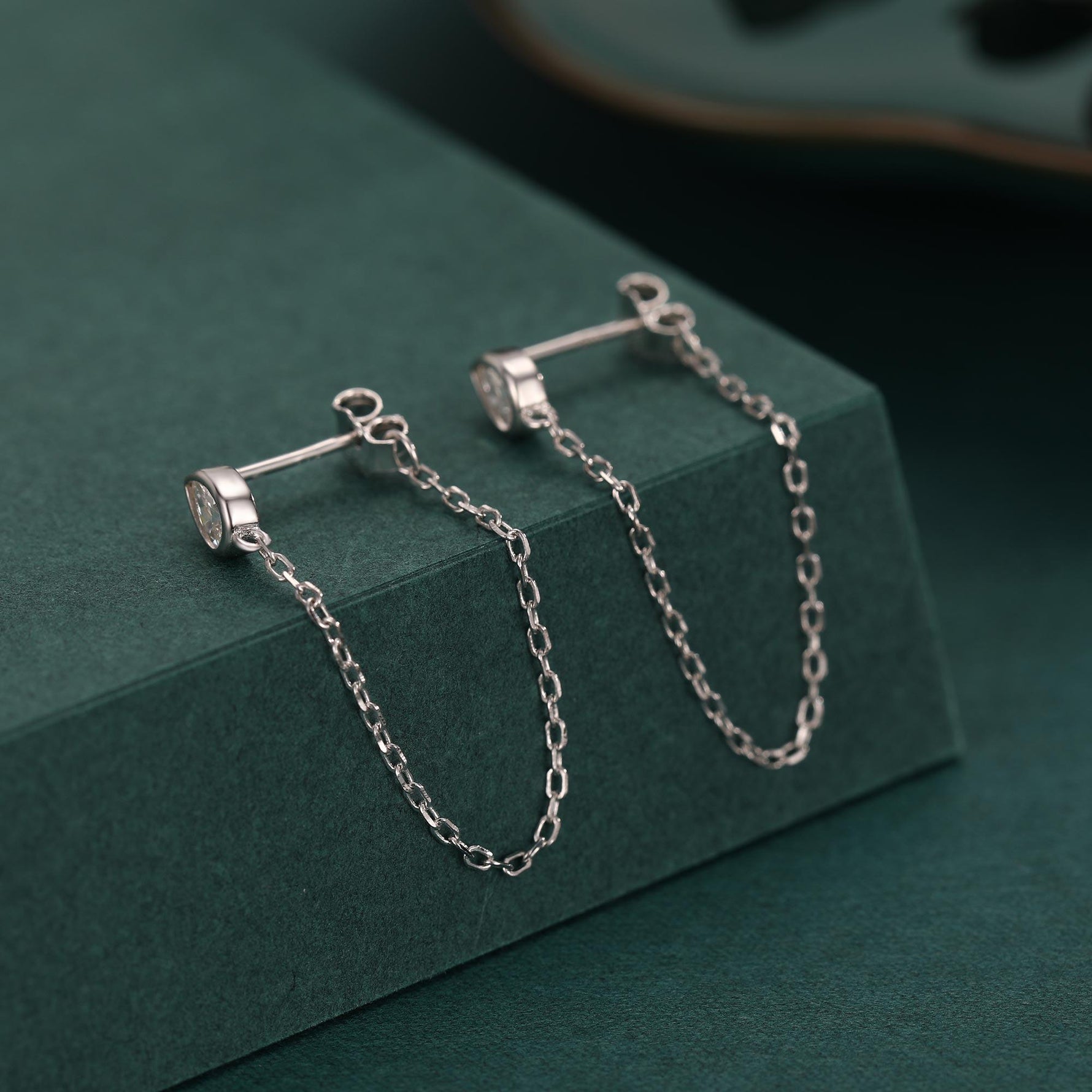 Tiny Droplet CZ Dangle Chain Stud Earrings in Sterling Silver, Silver or Gold, Pear Shape Ear Jacket, Front and Back Earrings