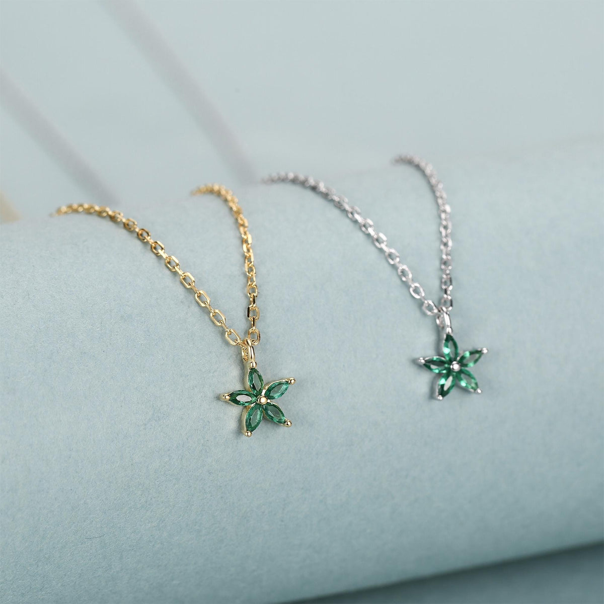 Tiny Emerald Green CZ Flower Necklace in Sterling Silver, Silver or Gold, CZ Flower Necklace, CZ Cluster Floral Necklace