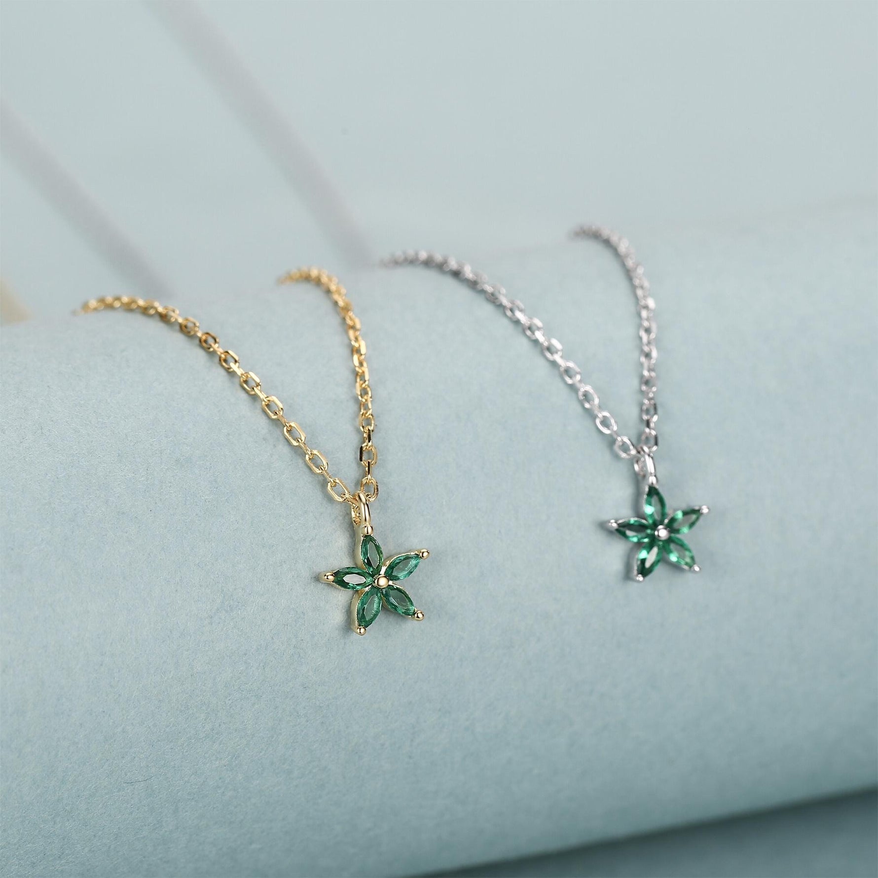 Tiny Emerald Green CZ Flower Necklace in Sterling Silver, Silver or Gold, CZ Flower Necklace, CZ Cluster Floral Necklace