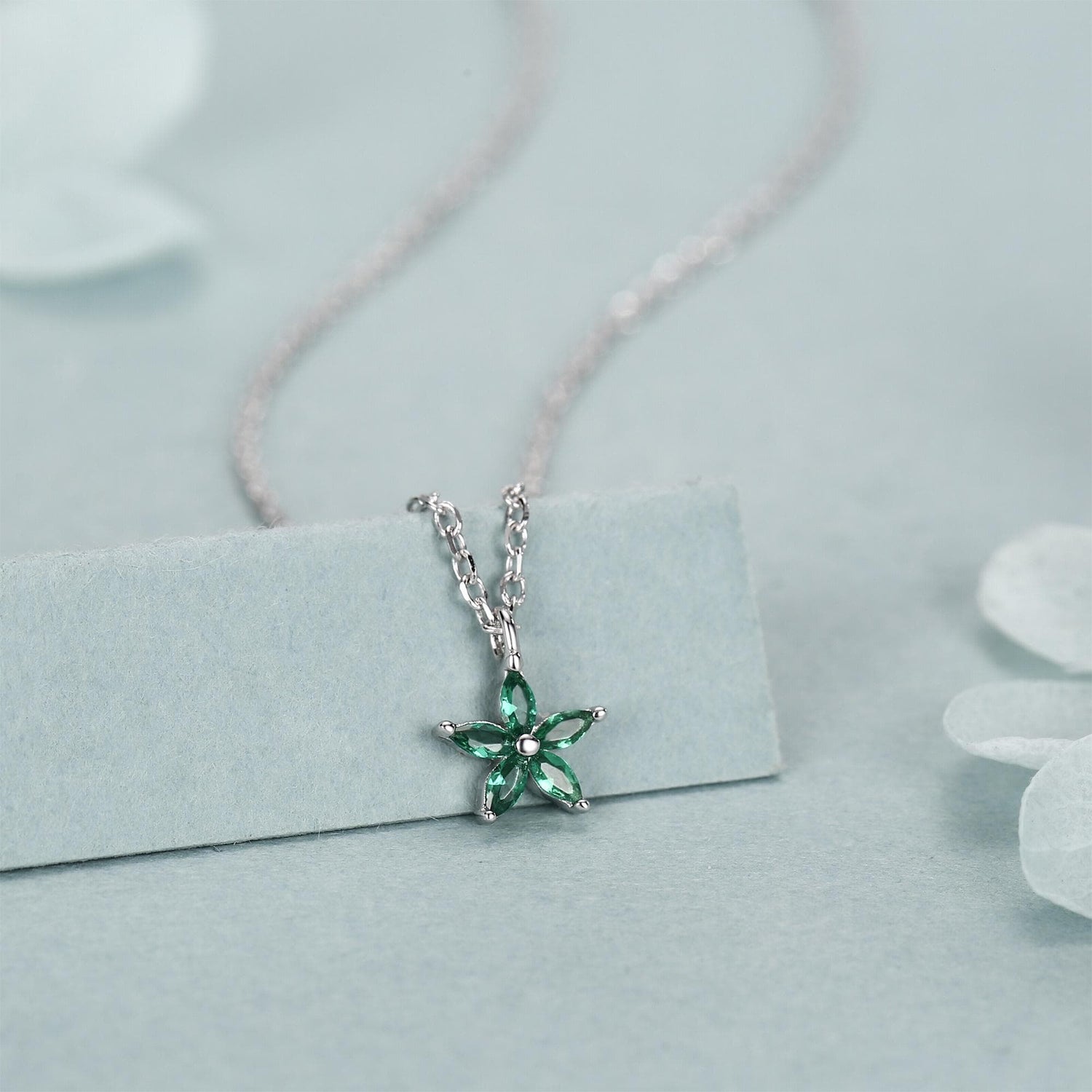 Tiny Emerald Green CZ Flower Necklace in Sterling Silver, Silver or Gold, CZ Flower Necklace, CZ Cluster Floral Necklace