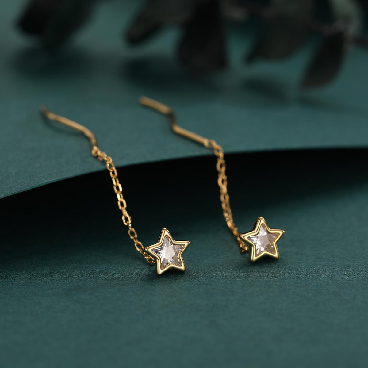 Star Bezel CZ Crystal Threader Earrings in Sterling Silver, Silver or Gold, Minimalist Star Cut Ear Threaders