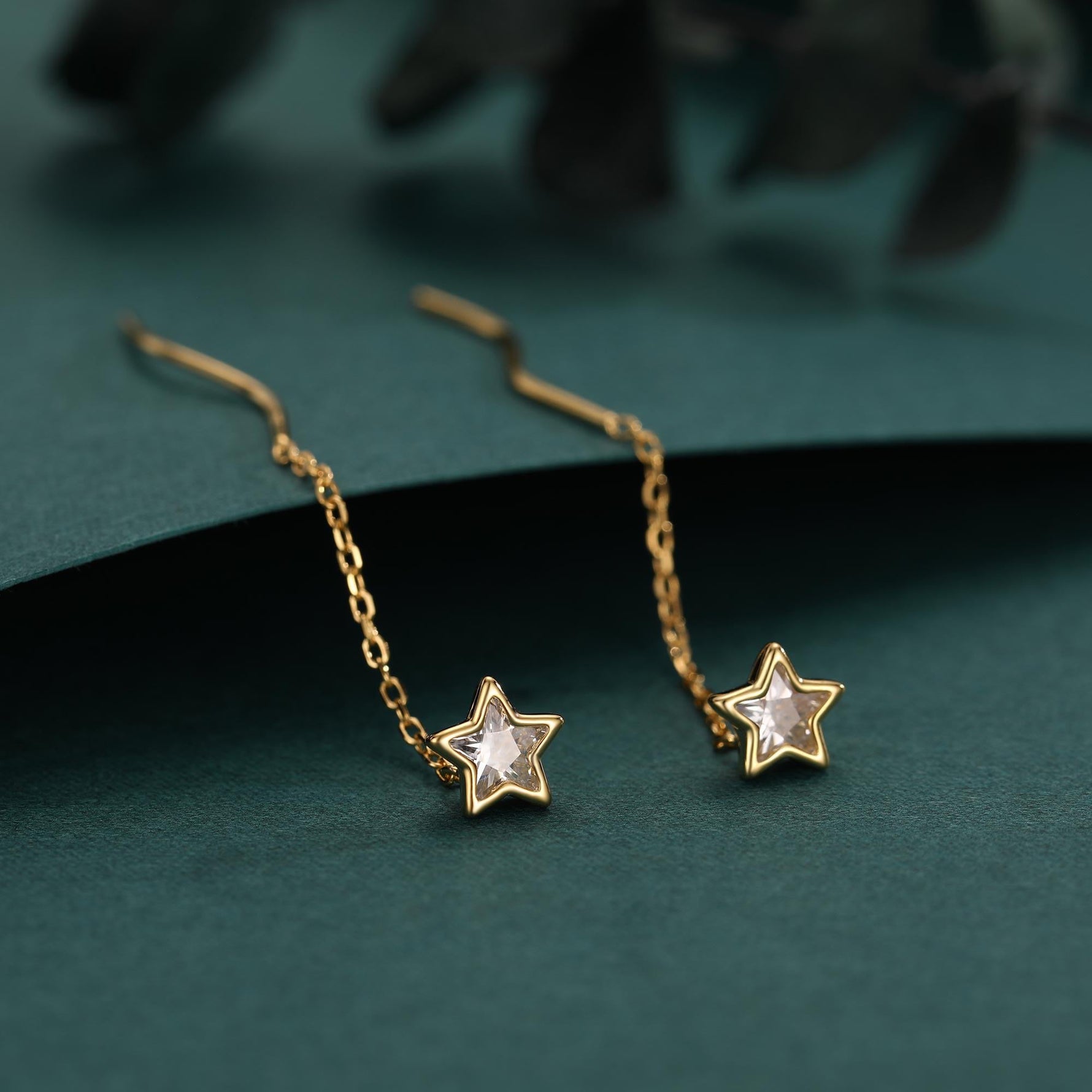 Star Bezel CZ Crystal Threader Earrings in Sterling Silver, Silver or Gold, Minimalist Star Cut Ear Threaders