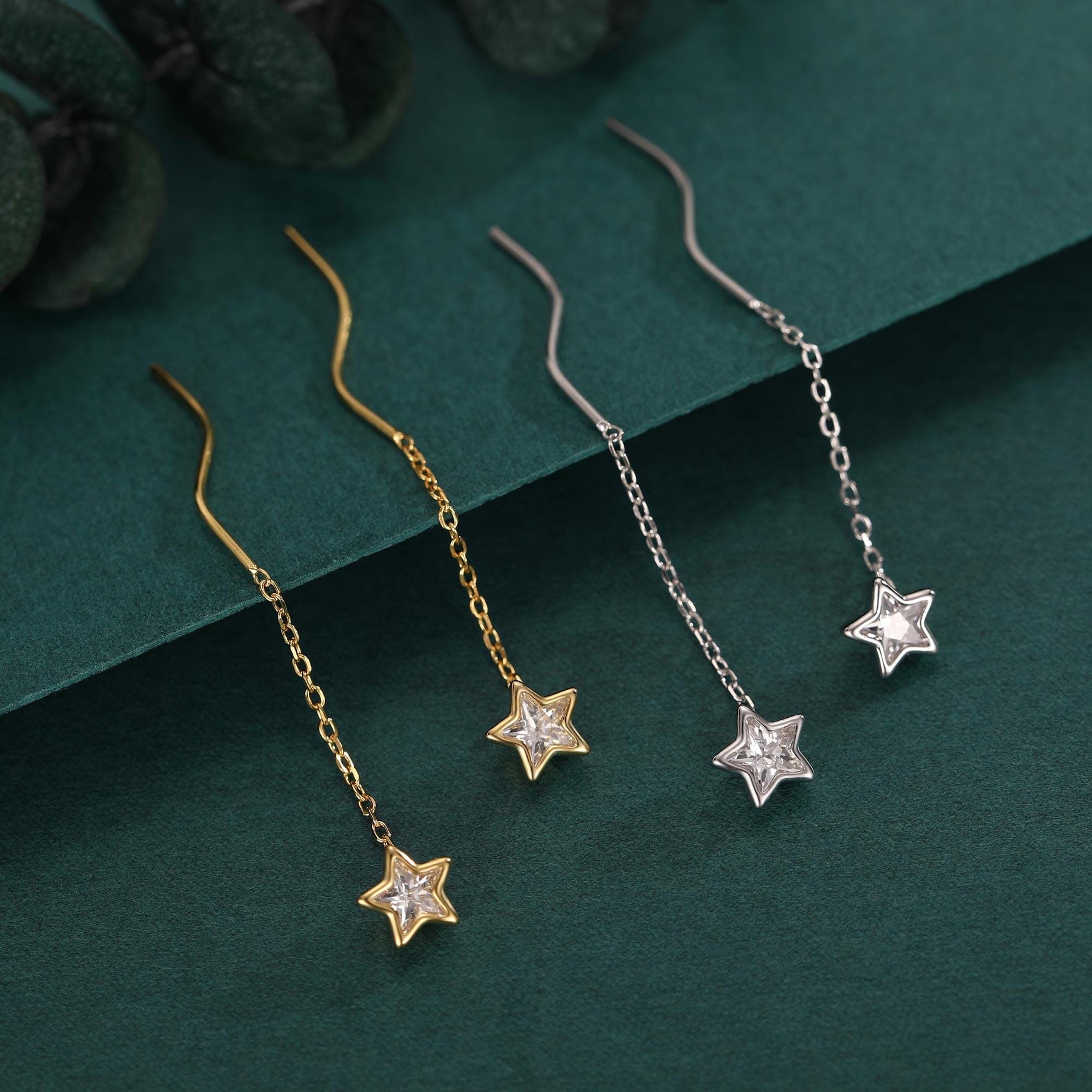 Star Bezel CZ Crystal Threader Earrings in Sterling Silver, Silver or Gold, Minimalist Star Cut Ear Threaders