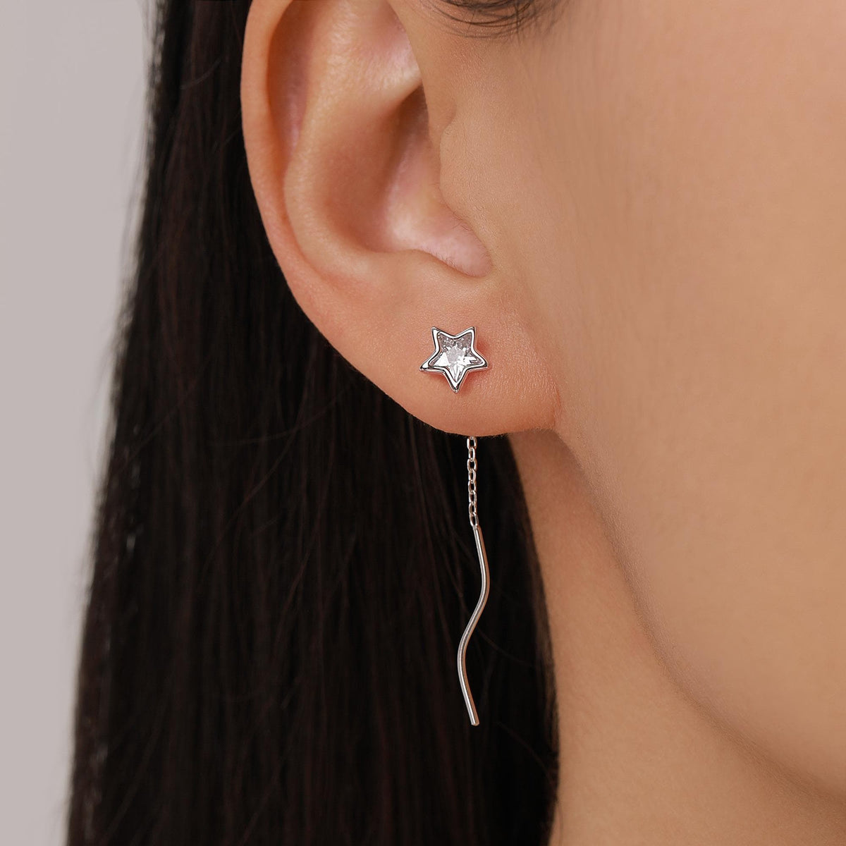 Star Bezel CZ Crystal Threader Earrings in Sterling Silver, Silver or Gold, Minimalist Star Cut Ear Threaders