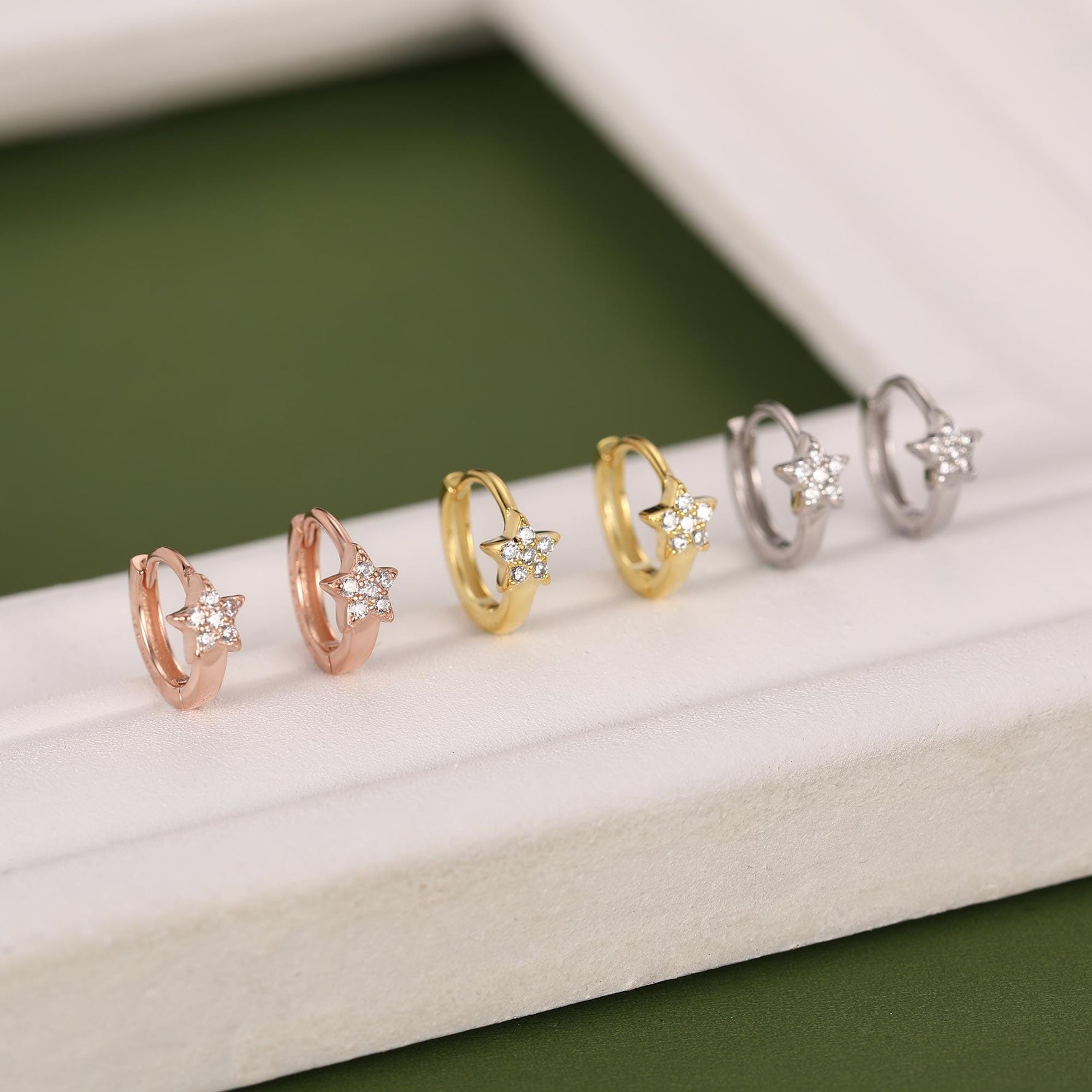 Tiny CZ Star Huggie Hoop Earrings in Sterling Silver, Silver, Gold or Rose Gold, North Star Earrings, Sunburst Earrings