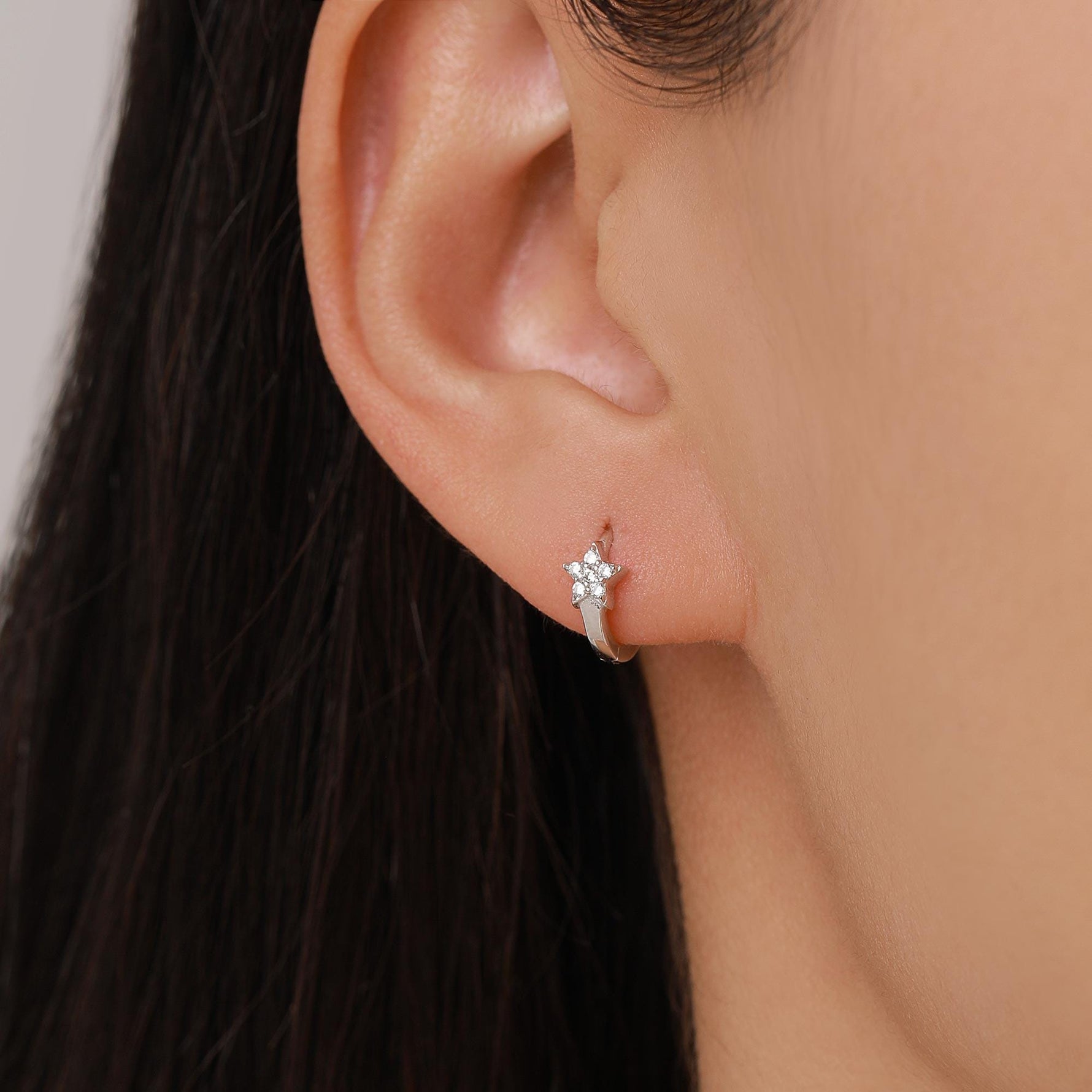 Tiny CZ Star Huggie Hoop Earrings in Sterling Silver, Silver, Gold or Rose Gold, North Star Earrings, Sunburst Earrings