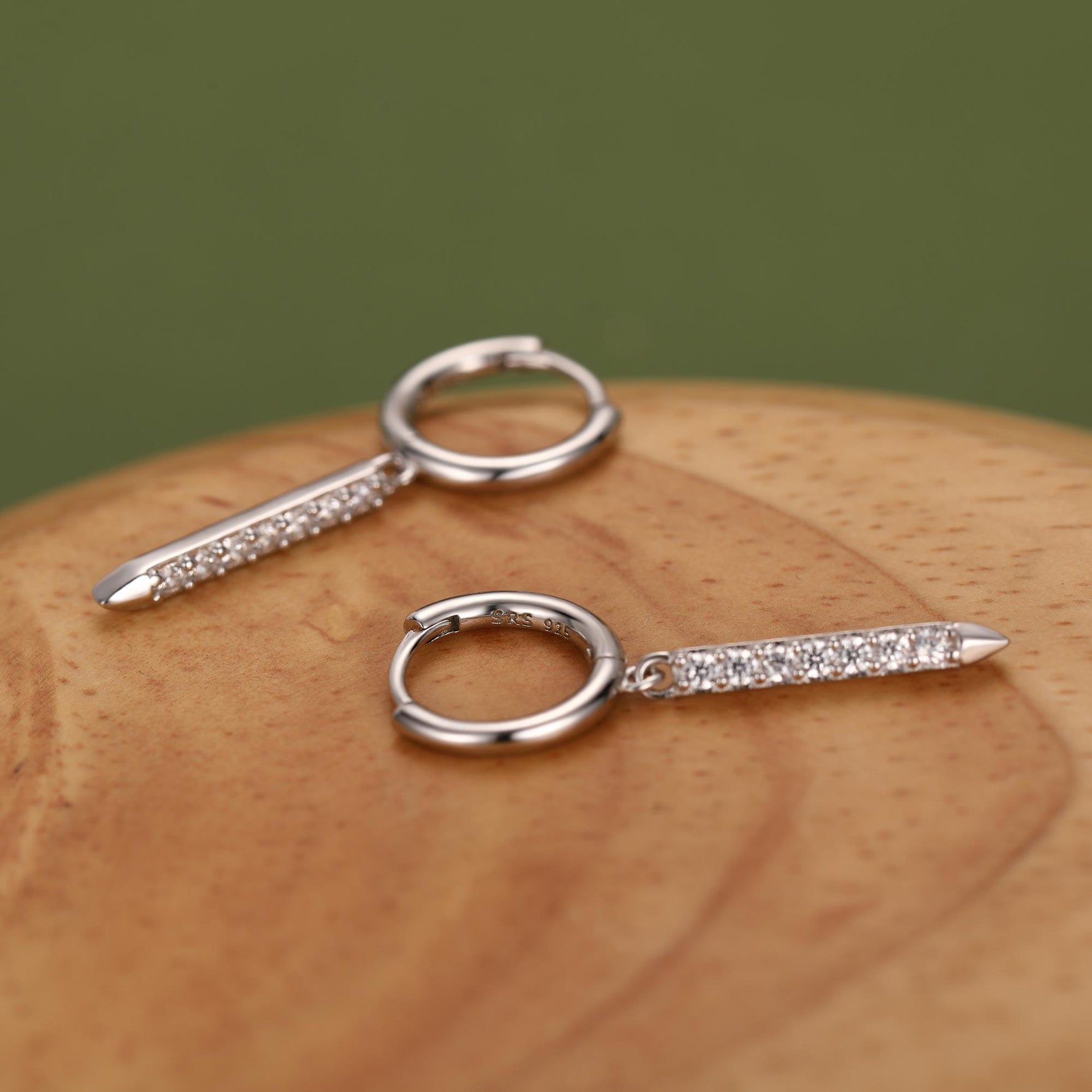 Sterling Silver Dangle CZ Bars Huggie Hoop Earrings, 8mm Hoops with CZ Bars, CZ Bar Earrings, Bar Dangle Hoops, Bar Earrings