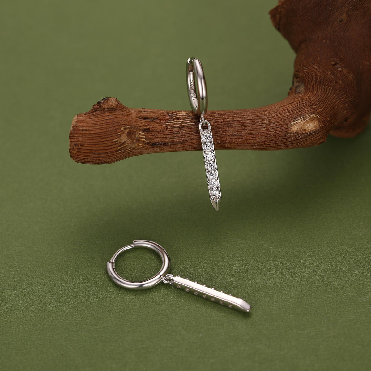 Sterling Silver Dangle CZ Bars Huggie Hoop Earrings, 8mm Hoops with CZ Bars, CZ Bar Earrings, Bar Dangle Hoops, Bar Earrings