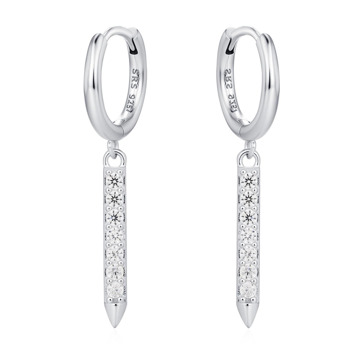 Sterling Silver Dangle CZ Bars Huggie Hoop Earrings, 8mm Hoops with CZ Bars, CZ Bar Earrings, Bar Dangle Hoops, Bar Earrings