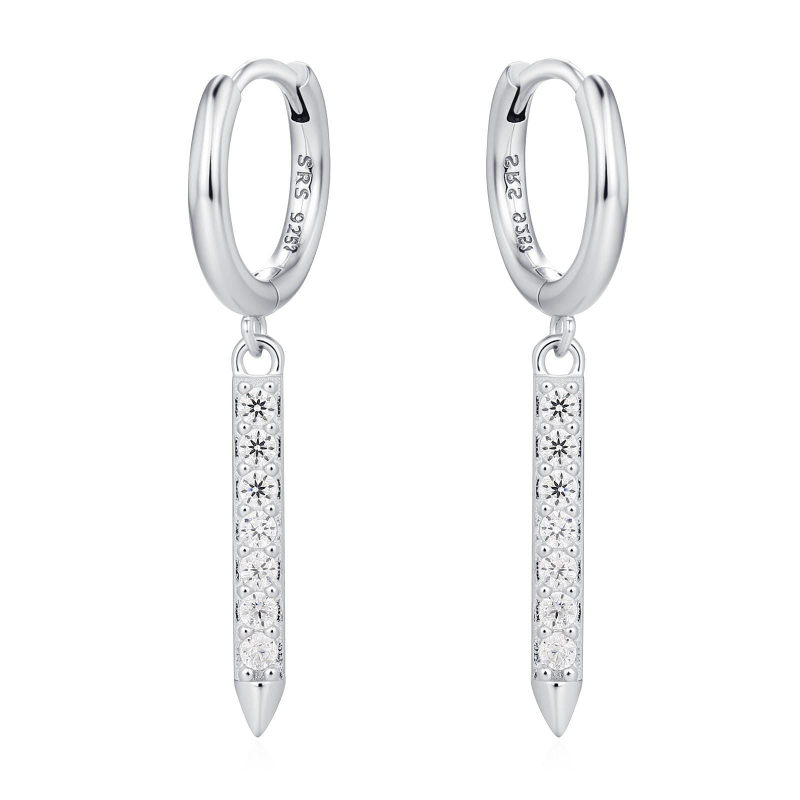 Sterling Silver Dangle CZ Bars Huggie Hoop Earrings, 8mm Hoops with CZ Bars, CZ Bar Earrings, Bar Dangle Hoops, Bar Earrings