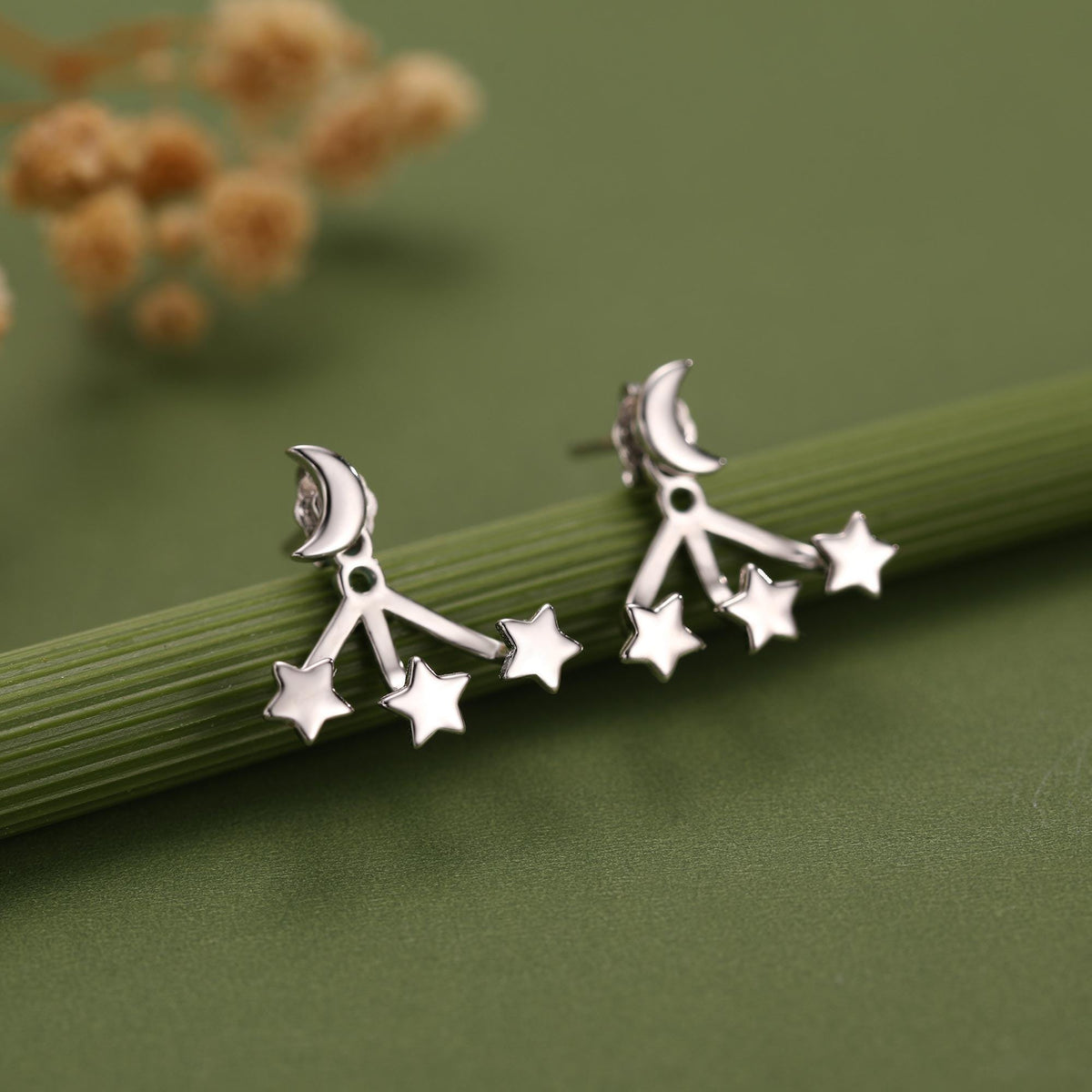 Moon and Star Ear Jacket in Sterling Silver, Three Star and Moon Earrings in Sterling Silver, Silver, Gold or Rose Gold, Front and Back