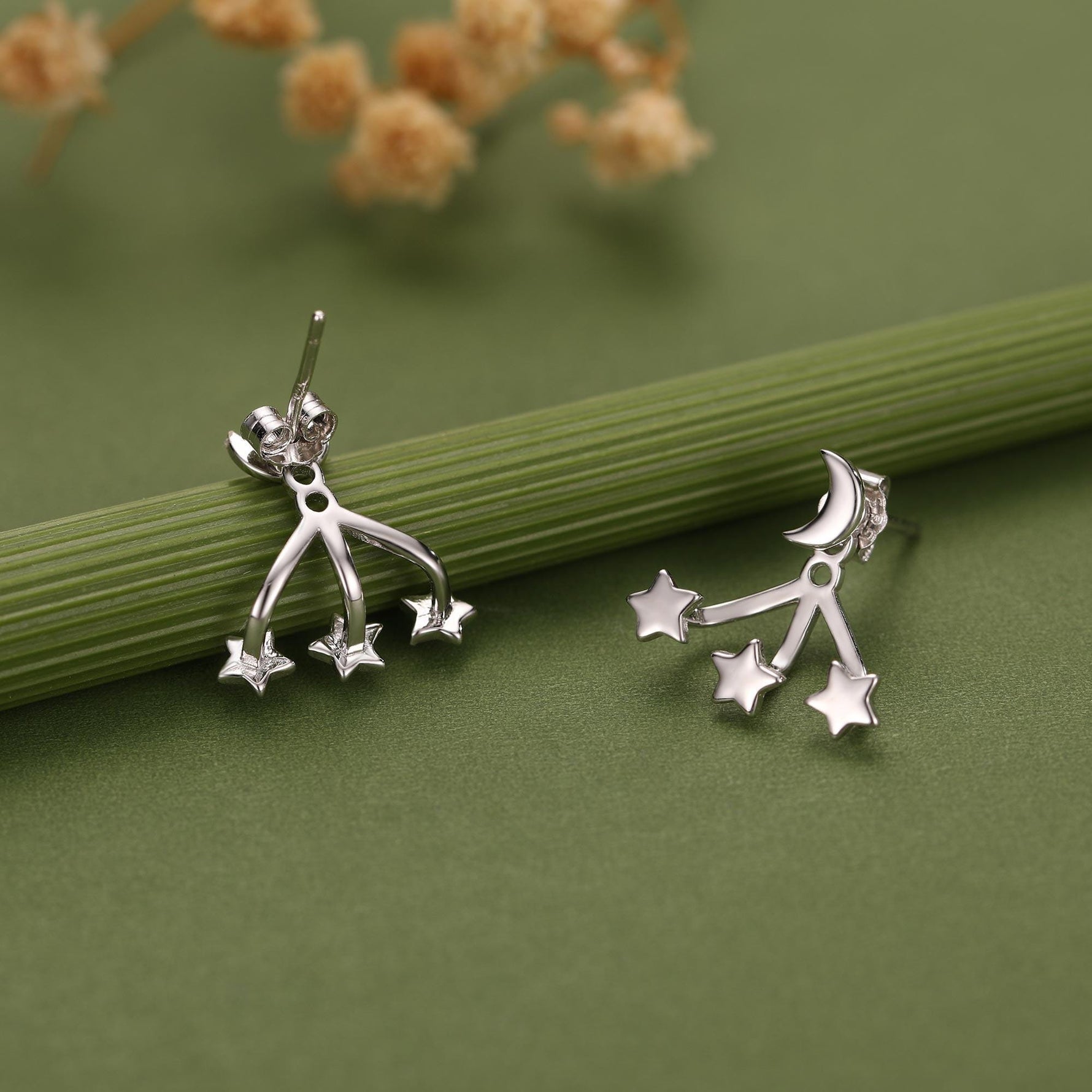 Moon and Star Ear Jacket in Sterling Silver, Three Star and Moon Earrings in Sterling Silver, Silver, Gold or Rose Gold, Front and Back