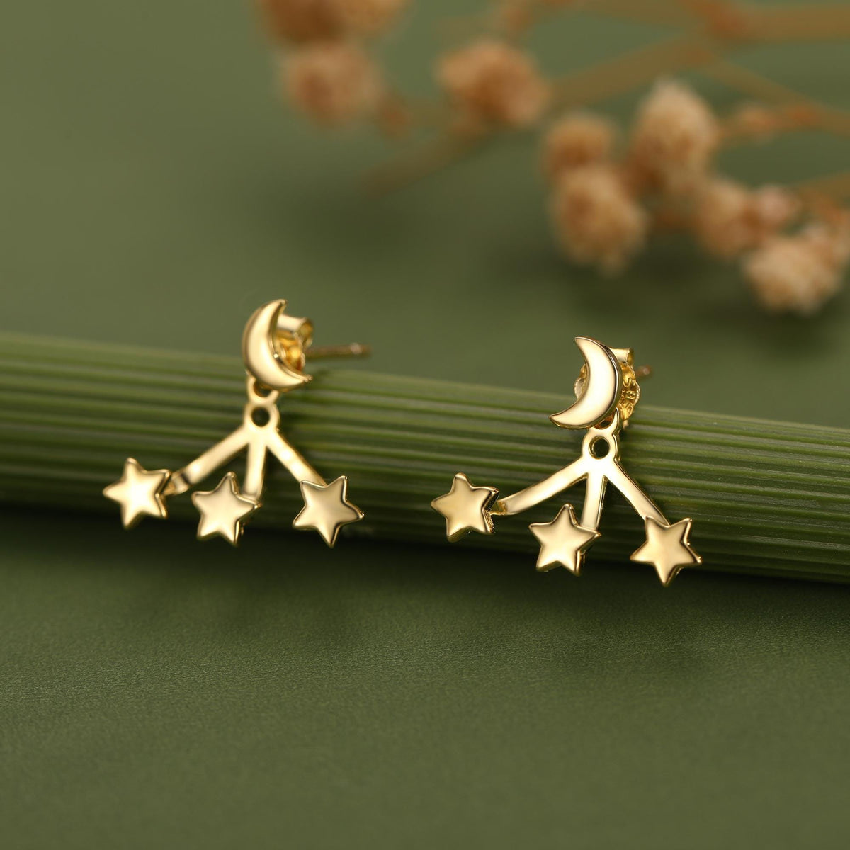 Moon and Star Ear Jacket in Sterling Silver, Three Star and Moon Earrings in Sterling Silver, Silver, Gold or Rose Gold, Front and Back