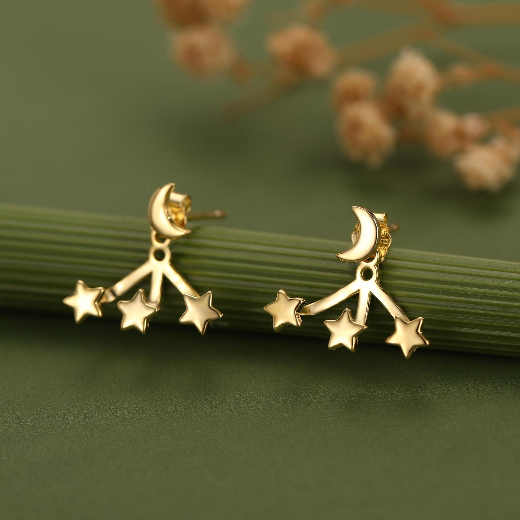 Moon and Star Ear Jacket in Sterling Silver, Three Star and Moon Earrings in Sterling Silver, Silver, Gold or Rose Gold, Front and Back