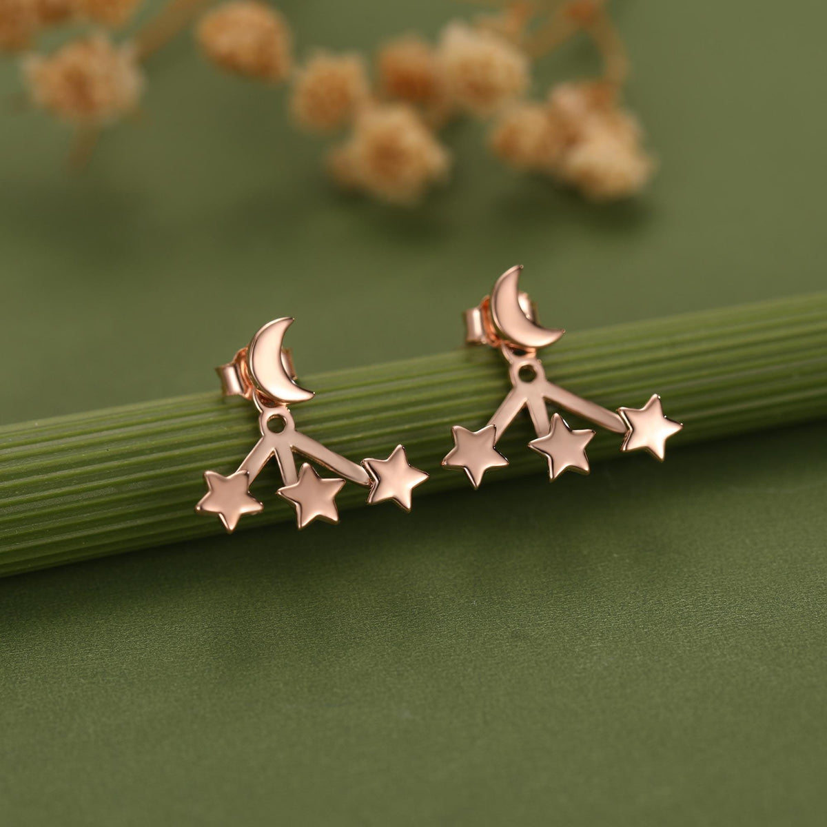 Moon and Star Ear Jacket in Sterling Silver, Three Star and Moon Earrings in Sterling Silver, Silver, Gold or Rose Gold, Front and Back