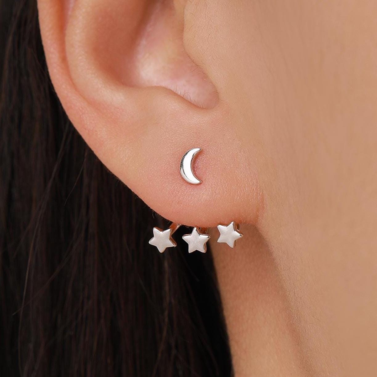 Moon and Star Ear Jacket in Sterling Silver, Three Star and Moon Earrings in Sterling Silver, Silver, Gold or Rose Gold, Front and Back