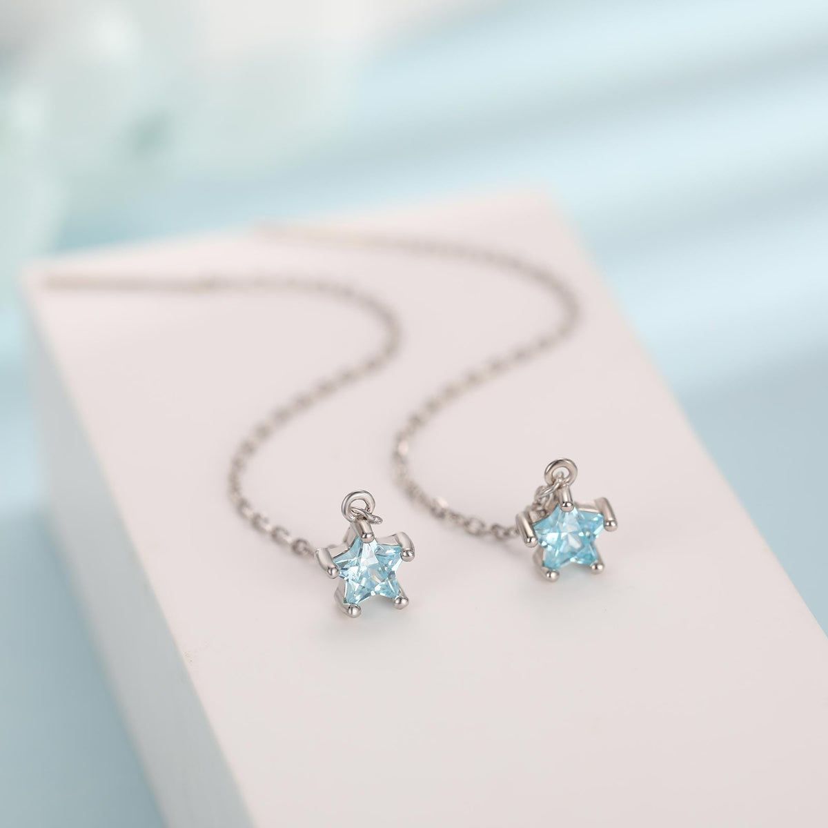 Aquamarine Blue Star CZ Threader Earrings in Sterling Silver, Crystal Star Ear Threaders
